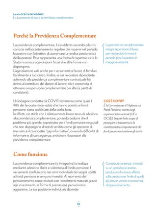 COS’È COVIP?
È la Commissione di Vigilanza sui
Fondi Pensione, inserita negli
organismi internazionali (UE e
OCSE), la quale ha lo scopo di
perseguire la trasparenza e la
correttezza dei comportamenti dei
fondi pensione e tutelarne gli iscritti.
Laprevidenzacomplementare
integralapensionedibase,
permettendotidivivereil
periodopost-lavorativoin
maggioreserenità.
Perché la Previdenza Complementare
La previdenza complementare, il cosiddetto secondo pilastro,
consiste nell’accantonamento regolare dei risparmi nel periodo
lavorativo con l’obiettivo di aumentare la rendita pensionistica
del lavoratore. Essa rappresenta una forma di risparmio a cui lo
Stato riconosce agevolazioni ﬁscali che altre forme non
dispongono.
L’agevolazione vale anche per i versamenti a favore di familiari
ﬁscalmente a tuo carico. Inoltre, se sei lavoratore dipendente,
aderendo alla previdenza complementare contrattuale hai
diritto al contributo del datore di lavoro; ciò ti consentirà di
ottenere una pensione complementare più alta (a parità di
condizioni).
Un’indagine condotta da COVIP, testimonia come quasi il
90% dei lavoratori intervistati che hanno aderito ai fondi
pensione, siano soddisfatti della scelta fatta.
In effetti, ciò stride con il relativamente basso tasso di adesione
alla previdenza complementare, potendo dedurre che il
problema più grande, soprattutto per i fondi pensione negoziali
che non dispongono di reti di vendita come gli operatori di
mercato, è il cosiddetto “gap informativo”, ovvero la difficoltà di
informare e, di conseguenza, avvicinare i lavoratori alla
previdenza complementare.
Come funziona
La previdenza complementare (o integrativa) si realizza
mediante adesione libera e volontaria al fondo pensione. I
versamenti conﬂuiscono nei conti individuali dei singoli iscritti
ai fondi pensione e vengono investiti. Al momento del
pensionamento sono restituiti con i rendimenti maturati grazie
agli investimenti, in forma di prestazione pensionistica
aggiuntiva. La tua posizione individuale dipende:
Contributi contenuti, investiti
su un periodo più esteso,
producono lo stesso effetto
sulla prestazione ﬁnale di quelli
più elevati versati in prossimità
del pensionamento.
LA MIA SCELTA PREVIDENTE
| 1. La pensione di base e la previdenza complementare
_
10_
 