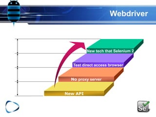 Webdriver
New tech that Selenium 2
Test direct access browser
No proxy server
New API
 