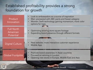 Market Potential Ÿ Unique Value Proposition Ÿ Financial Growth Ÿ Valuation!
Established profitability provides a strong
foundation for growth
18	
Product
Innovation
Full North
American
Potential
Digital Culture
Global Footprint
•  Look to ambassadors as a source of inspiration
•  Men: pioneered with ABC pants and Sweat category
•  Women: Swift technology gaining momentum, more color
options for tops
•  Optimizing existing store square footage
•  Expanding brand presence through different formats
•  New website: more interactive customer experience
•  Mobile App
•  Promote brand awareness in Asian countries
•  Focused on winning in London
•  Opening new stores in Europe, Middle East and Asia
 