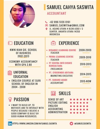 SAMUEL CAHYA SASWITA
EDUCATION
SKILLS
UNFORMAL
EDUCATION
EXPERIENCE
+62 896 5126 0161
SAMUEL.SASWITA@GMAIL.COM
JL. AGUNG UTARA 4 BLOK A36D / 2
SUNTER, JAKARTA UTARA 14350
INDONESIA
KWIK KIAN GIE, SCHOOL
OF BUSINESS
2007-2013
ECONOMY ACCOUNTANCY
WITH GPA 2.80
ENGLISH COURSE AT SURI
SCHOOL OF ENGLISH IN
2004 - 2008
PASSION
I WANT TO BUILD UP, TO
MOTIVATE AND TO INTERACT WITH
PEOPLE BECAUSE I BELIEVE A
GOOD COMPANY IS BUILT BY
GOOD HUMAN RESOURCES.
DYNAMIC LEARNING CENTRE
PT SENTRA INFO BISNIS
KONSULTAMA
PT. BARANU ABADI
-TEACHER
-FREELANCER
-ACCOUNTANT
ACCOUNTANT
2008-2009
2010-2013
2014-2015
SENSE OF ART
PICTURE EDITING
ENGLISH
ACCOUNTING
ADMINISTRATION
@SAMUELSASWITA
PRIMA LEARNING CENTRE
-TEACHER
2009-2010
PT. CYBERINDO ADITAMA
-MARKETING EXECUTIVE
2015-NOW
HTTPS://WWW.LINKEDIN.COM/IN/SAMUEL-SASWITA
 