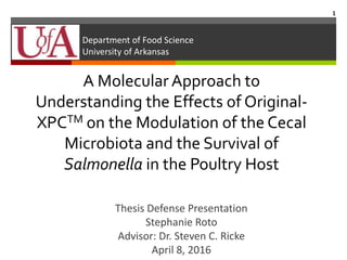 A Molecular Approach to
Understanding the Effects of Original-
XPCTM on the Modulation of the Cecal
Microbiota and the Survival of
Salmonella in the Poultry Host
Department of Food Science
University of Arkansas
Thesis Defense Presentation
Stephanie Roto
Advisor: Dr. Steven C. Ricke
April 8, 2016
1
 