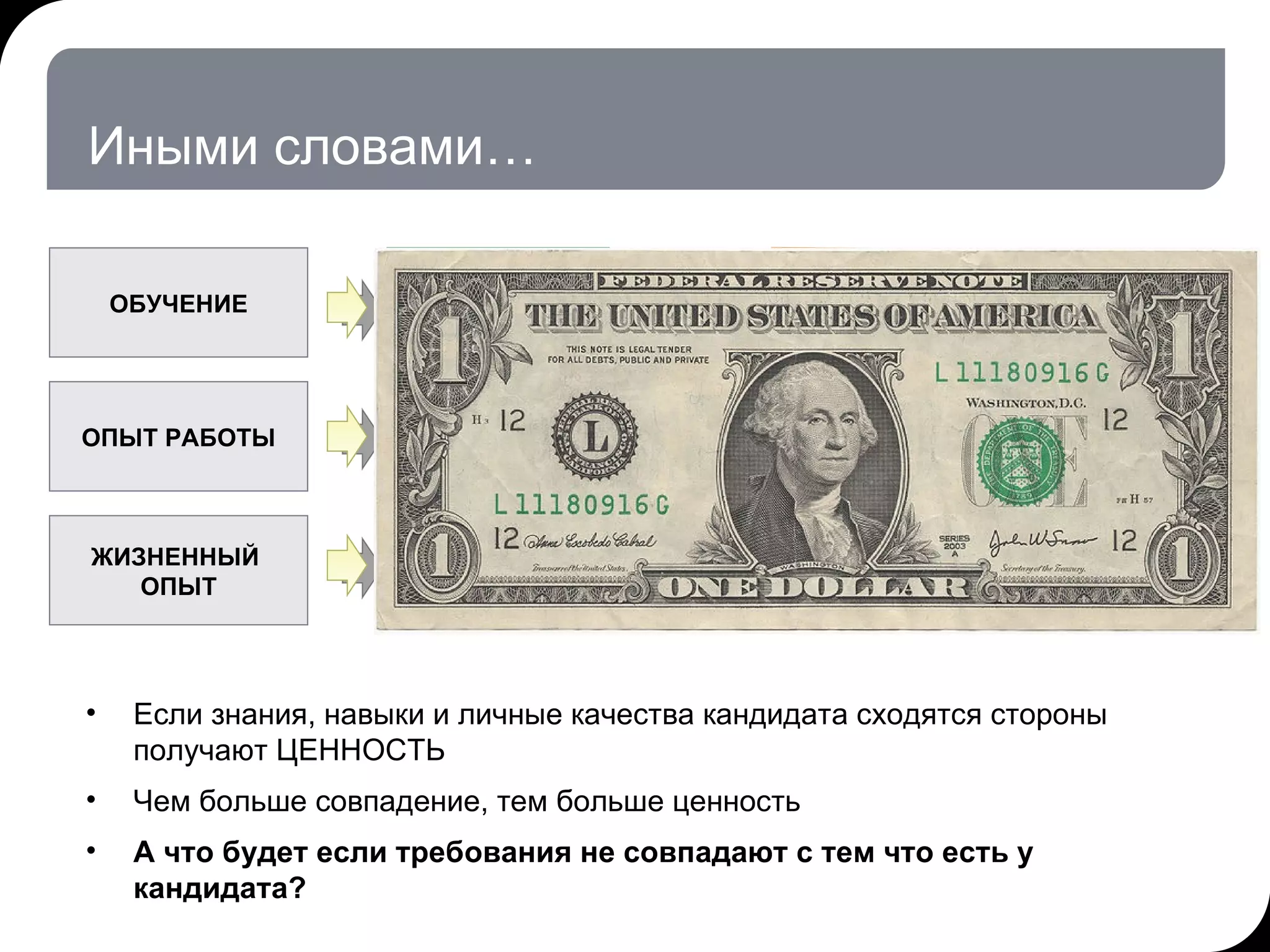 Иными словами… Если знания, навыки и личные качества кандидата сходятся стороны получают ЦЕННОСТЬ Чем больше совпадение, тем больше ценность А что будет если требования не совпадают с тем что есть у кандидата? 17.07.11   20:21 © THK-BP presentation name ОБУЧЕНИЕ ОПЫТ РАБОТЫ ЖИЗНЕННЫЙ  ОПЫТ ПОЗИЦИЯ НЕОБХОДИМЫЕ  ЗНАНИЯ НЕОБХОДИМЫЕ НАВЫКИ И УМЕНИЯ ОЖИДАЕМЫЕ  ПОВЕДЕНИЕ И  ЛИЧНЫЕ КАЧЕСТВА ЗНАНИЯ НАВЫКИ И УМЕНИЯ ПОВЕДЕНИЕ И  ЛИЧНЫЕ КАЧЕСТВА КАНДИДАТ 