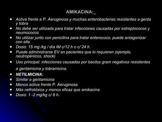 AMIKACINA:_ Activa frente a P. Aeruginosa y muchas enterobacterias resistentes a genta y tobra  No debe ser utilizada para tratar infecciones causadas por estreptococos y neumococos  No utilizar junto con penicilina para tratar enterococo, puede antagonizar con ella  Dosis: 15 mg /kg / día IM c/12 h o c/ 24 h.  Puede administrarse EV en pacientes que lo requieren (ejemplo, neutropénicos, shock)  Uso principal: infecciones causadas por bacilos gram negativos resistentes a gentamicina y tobramicina.   NETILMICINA: Similar a gentamicina  Menos activa frente P. Aeruginosa  Más nefrotóxica y menos eficaz que amikacina  Dosis: 1 -2 mg/kg c/ 8 h.   