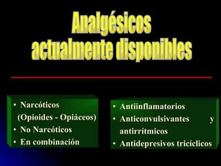 Analgésicos  actualmente disponibles Narcóticos (Opioides - Opiáceos) No Narcóticos En combinación Antiinflamatorios Anticonvulsivantes y antirrítmicos Antidepresivos tricíclicos 