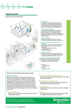 4 • Healthcare Radius • December 2014
1. Control Panel
A control panel in each operating theatre linked to a
set of sensors via the switchboard gives the surgeon
and nurses real time data on the operating theatre
environmental characteristics (temperature, humidity,
pressure, etc.). It also informs them of any faults.
2. Secured electrical switchboard
A secured electrical switchboard for each operating
theatre supplies all of the energy requirements:
electrical sockets, lights… An underground power
supply improves reliability and limits current leakage The
switchboard’s structure and ergonomics make it easy to
maintain and repair.
3. Optional UPS System
An optional UPS System ensures up to one hour of
autonomy and the quality of the electrical distribution.
4. Upstream connection to the hospital electrical
installation
The design of our solution for operating theatres is the
result of a global approach to electrical installation
dependability:
- recommended, secured architectures,
- qualiﬁed equipment,
- adapted maintenance plan.
5. Supervision software
The head nurse’s PC has supervision software to give
information on the electrical installation’s status and to
remotely set parameters for variables in each room.
6. Remote access for maintenance technicians
Maintenance staff have remote access for fault
identification, location and diagnosis, and are
automatically notiﬁed in case of a problem.
1
2
220 V TN
Hospital sockets
Sensors
24 V
Ethernet TCP/IP
3
1
2
220 V TN
Hospital sockets
Sensors
24 V
Ethernet TCP/IP
3
Delivering hospital-wide energy saving solutions
Efficiency is the key
We are the only infrastructure solution provider that al-
lows you to see, measure and manage energy use across
you entire hospital. With our EcoStruxure: Active Energy
ManagementTM
architecture, you can cut energy waste im-
mediately. The average hospital has a margin of only 3.3%.
By eliminating energy waste through improved energy ef-
ficiency, you can increase your margin by as much as 25%.
At the same time, Scheider Electric solutions help improve
patient satisfaction, enhance patient safety and increase staff
productivity.
	 Building management
	 Assists in freeing up trapped capital and create a smarter,
more efficient hospital
	 Electrical Distribution and Critical Power
	 Helps reduce energy costs and increase efficiency without
jeopardizing reliability
	 Installation Systems and Control
	 Improves patient satisfaction and reduce energy costs
with automatic control and integration
	 Data Centres
	 Increases efficiency by up to 30% and scales intelligently,
without waste
	 Security
	 Protects your patients, staff and assets with open, easy-
to-integrate security management solutions
Schneider Solutions
2
3
1
4
5
6
Solutions for operating theatres
For more details on our Healthcare Solutions,
mail us at in.campaign@schneider-electric.com
 