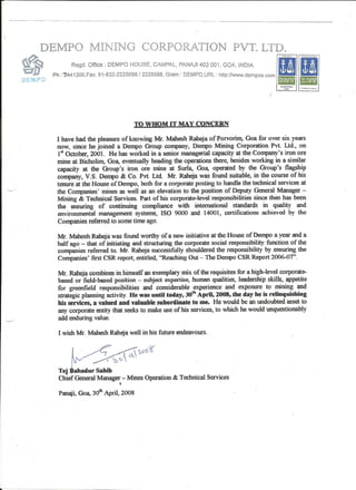 Appriciation Letter Dempo