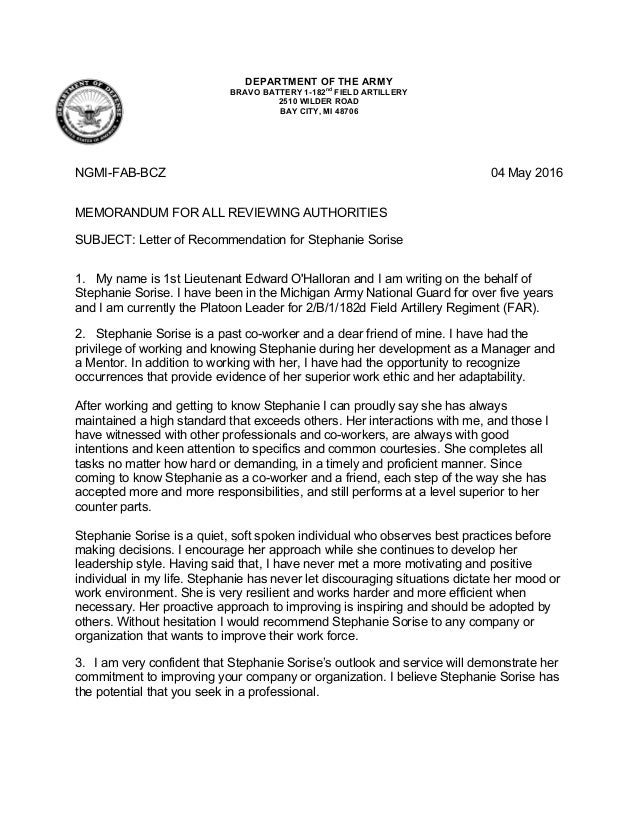 letter of recommendation 1 army letter of recommendation