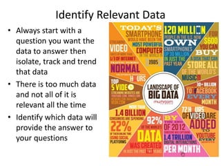 Identify Relevant Data
• Always start with a
question you want the
data to answer then
isolate, track and trend
that data
• There is too much data
and not all of it is
relevant all the time
• Identify which data will
provide the answer to
your questions
 