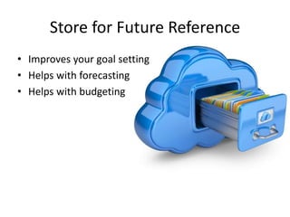Store for Future Reference
• Improves your goal setting
• Helps with forecasting
• Helps with budgeting
 