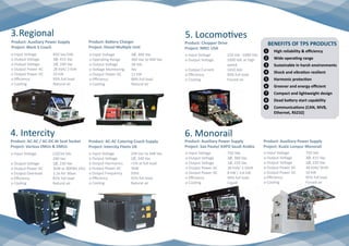 5. Locomotives
o Input Voltage 		 150 Vdc -1000 Vdc
o Output Voltage 		 1000 Vdc at high 		
				speed
o Output Current 		 1450 Adc
o Efficiency			 90% full load
o Cooling			 Forced air
	
Product: Chopper Drive
Project: NREC USA
4. Intercity
Product: AC-AC / AC-DC At Seat Socket
Project: Various EMUs & DMUs
Product: AC-AC Catering Coach Supply
Project: Intercity Fleets UK
3.Regional
Product: Auxiliary Power Supply
Project: Mark 3 Coach
o Input Voltage 		 850 Vac/Vdc	
o Output Voltage 		 3Ø, 415 Vac
o Output Voltage 		 1Ø, 240 Vac
o Output Power AC 28 kVA/ 2 kVA
o Output Power DC	 10 kW 	
o Efficiency			 93% full load
o Cooling			 Natural air
Product: Battery Charger
Project: Diesel Multiple Unit
o Input Voltage 		 3Ø, 400 Vac	
o Operating Range		 360 Vac to 440 Vac
o Output Voltage 		 28 Vdc
o Voltage Monitoring	 Yes
o Output Power DC	 12 kW 	
o Efficiency			 88% full load
o Cooling			 Natural air
6. Monorail
Product: Auxiliary Power Supply
Project: Sao Paulo/ KAFD Saudi Arabia
Product: Auxiliary Power Supply
Project: Kuala Lumpur Monorail
o Input Voltage 		 750 Vdc	
o Output Voltage 		 3Ø, 380 Vac
o Output Voltage 		 1Ø, 220 Vac
o Output Power AC 30 kVA/ 2.5kVA
o Output Power DC	 8 kW / 3.6 kW 	
o Efficiency			 94% full load
o Cooling			Liquid
o Input Voltage 		 750 Vdc	
o Output Voltage 		 3Ø, 415 Vac
o Output Voltage 		 1Ø, 220 Vac
o Output Power AC 40 kVA/ 5kVA
o Output Power DC	 10 kW 	
o Efficiency			 95% full load
o Cooling			 Forced air
o Input Voltage 	 110/24 Vdc 		
				240 Vac	
o Output Voltage 		 1Ø, 230 Vac
o Output Power AC 3kW or 800W( 24v)
o Output Overload 1.2x for 30sec
o Efficiency			 85% full load
o Cooling			 Natural air
o Input Voltage 		 249 Vac to 448 Vac	
o Output Voltage 		 1Ø, 240 Vac
o Output Harmonics	 <5% at full load
o Output Power AC 5kW
o Output Frequency 50Hz 	
o Efficiency			 92% full load
o Cooling			 Natural air
BENEFITS OF TPS PRODUCTS
❶❶ High reliability & efficiency
❷❷ Wide operating range
❸❸ Sustainable in harsh environments
❹❹ Shock and vibration resilient
❺❺ Harmonic protection
❻❻ Greener and energy efficient
❼❼ Compact and lightweight design
❽❽ Dead battery start capability
❾❾ Communications (CAN, MVB, 	
	 Ethernet, RS232)
 