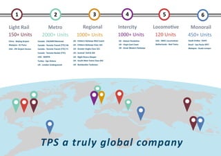 1 2 3 4 5 6
Intercity
150+ Units 120 Units 450+ Units
China - Beijing Airport
USA - JFK Airport Access
Malaysia - KL Putra Canada - Toronto Transit (TTC) H6
Canada - Toronto Transit (TTC) T1
Canada - Toronto Rocket (TTC)
Canada - CN/AMF/Montreal
USA - MARTA
Turkey - Ego Ankara
UK - London Underground
MetroLight Rail Regional Locomotive Monorail
UK - Greater Anglia Class 321
UK - Scotrail 318 & 320
UK - Chiltern Railways Mk3 Coach
UK - Night Rivera Sleeper
UK - South West Trains Class 442
UK - Bombardier Turbostar
UK - Chiltern Railways Class 165
USA - NREC Locomotives
Netherlands - Ned Trains
Saudi Arabia - KAFD
Brazil - Sao Paulo SPET
Malaysia - Kuala Lumpur
2000+ Units
UK - Alstom Pendolino
UK - Virgin East Coast
UK - Great Western Railways
1000+ Units 1000+ Units
TPS a truly global company
 