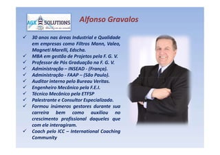  30 anos nas áreas Industrial e Qualidade
em empresas como Filtros Mann, Valeo,
Magneti Marelli, Edscha.
 MBA em gestão de Projetos pela F. G. V.
 Professor de Pós Graduação na F. G. V.
 Administração – INSEAD - (França).
 Administração - FAAP – (São Paulo).
Alfonso GravalosAlfonso Gravalos
 Administração - FAAP – (São Paulo).
 Auditor interno pelo Bureau Veritas.
 Engenheiro Mecânico pela F.E.I.
 Técnico Mecânico pela ETFSP
 Palestrante e Consultor Especializado.
 Formou inúmeros gestores durante sua
carreira bem como auxiliou no
crescimento profissional daqueles que
com ele interagiram.
 Coach pelo ICC – International Coaching
Community
 