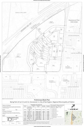 Preliminary Block Plan
Being Part of Lot 11 and 12, Concession 1, City of Burlington, Regional Municipality of Halton
Owners Certificate
We, Being the registered owner of the subject lands hereby authorize
Armstrong Hunter & Associates to prepare and submit a Draft Plan for
Subdivision for approval.
Signed
Surveyors Certificate
I hereby certify that the boundaries of the subject lands and their
relationship to the adjacent lands are accurately and correctly shown
in this plan
Signed
Date
Date
conception
planning
ltd.
Planing Act Requirements
Required under Section 51.
(24) R.S.O. 1990 c P. 13
a) As Shown on Plan
b) As Shown on Plan
c) As Shown on Plan
d) See Section of Land Use
e) As Shown on Plan
f) As Shown on Plan
g) As Shown on Plan
h) Full Municipal Services
i) Sandy, Loam, Clay, Silt
j) As Shown on Plan
k) All Municipal Services to be Provided
l) As Shown on Plan
Schedule of Land Use
Metres
Feet
SITE
Key Map
Preliminary Block Plan of the Alton community is revised from the Conceptual Plan to which all block
uses are provided with description and dimensions and lotting in this Block Plan. Detail "A" labeling a
portion of Daylight Triangles of a 5x5m square size used on Collectors connecting to Walkers line
and Dundas St. Block "G" RAL3 abutting STREET "A" within the block is a buffer to only allow fronage
onto STREET "C"
In Metres Multiply by 3.281 to get Feet
N.T.S.
REVISIONS:
DRAWING TITLE AND LEGAL DESCRIPTION
NOTES AND QUALIFICATIONS
DRAWN BY: PRINT DATE: DRAWING #
SP-501-1311/10/2013YL
ISSUED FOR: DATE: INITIALS:
Scale: 1:2000
YLanglois_UP321_A2
PRODUCED BY AN AUTODESK EDUCATIONAL PRODUCTPRODUCEDBYANAUTODESKEDUCATIONALPRODUCT
PRODUCEDBYANAUTODESKEDUCATIONALPRODUCT
PRODUCEDBYANAUTODESKEDUCATIONALPRODUCT
 