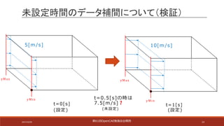 14
未設定時間のデータ補間について（検証）
yMin
yMax
5[m /s]
yMin
yMax
10[m /s]
t=0[s] t=1[s]
t=0.5[s]の時は
7.5[m /s]❓
(設定) (設定)(未設定)
第61回OpenCAE勉強会@関⻄2017/10/29
 