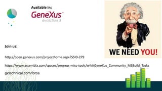 http://open.genexus.com/projecthome.aspx?SSID-279
https://www.assembla.com/spaces/genexus-misc-tools/wiki/GeneXus_Community_MSBuild_Tasks
Join us:
gxtechnical.com/foros
Available in:
 