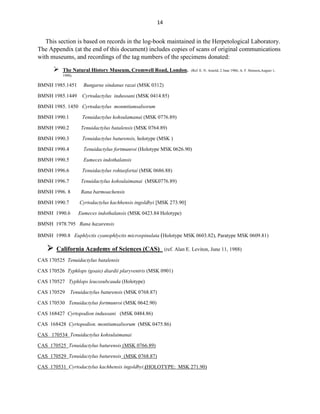 14
This section is based on records in the log-book maintained in the Herpetological Laboratory.
The Appendix (at the end of this document) includes copies of scans of original communications
with museums, and recordings of the tag numbers of the specimens donated:
 The Natural History Museum, Cromwell Road, London. (Ref. E. N. Arnold, 2 June 1986; A. F. Stimson,August 1,
1990).
BMNH 1985.1451 Bungarus sindanus razai (MSK 0312)
BMNH 1985.1449 Cyrtodactylus indusoani (MSK 0414.85)
BMNH 1985. 1450 Cyrtodactylus monmtiumsalsorum
BMNH 1990.1 Tenuidactylus kohsulamanai (MSK 0776.89)
BMNH 1990.2 Tenuidactylus batalensis (MSK 0764.89)
BMNH 1990.3 Tenuidactylus baturensis, holotype (MSK )
BMNH 1990.4 Tenuidactylus fortmunroi (Holotype MSK 0626.90)
BMNH 1990.5 Eumeces indothalansis
BMNH 1996.6 Tenuidactylus rohtasfortai (MSK 0686.88)
BMNH 1996.7 Tenuidactylus kohsulaimanai (MSK0776.89)
BMNH 1996. 8 Rana barmoachensis
BMNH 1990.7 Cyrtodactylus kachhensis ingoldbyi [MSK 273.90]
BMNH 1990.6 Eumeces indothalansis (MSK 0423.84 Holotype)
BMNH 1978.795 Rana hazarensis
BMNH 1990.8 Euphlyctis cyanophlyctis microspinulata (Holotype MSK 0603.82), Paratype MSK 0609.81)
 California Academy of Sciences (CAS) (ref. Alan E. Leviton, June 11, 1988)
CAS 170525 Tenuidactylus batalensis
CAS 170526 Typhlops (goaie) diardii plaryventris (MSK 0901)
CAS 170527 Typhlops leucosubcauda (Holotype)
CAS 170529 Tenuidactylus baturensis (MSK 0768.87)
CAS 170530 Tenuidactylus fortmunroi (MSK 0642.90)
CAS 168427 Cyrtopodion indusoani (MSK 0484.86)
CAS 168428 Cyrtopodion. montiumsalsorum (MSK 0475.86)
CAS 170534 Tenuidactylus kohsulaimanai
CAS 170525 Tenuidactylus baturensis (MSK 0766.89)
CAS 170529 Tenuidactylus baturensis (MSK 0768.87)
CAS 170531 Cyrtodactylus kachhensis ingoldbyi (HOLOTYPE: MSK 271.90)
 