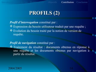 2004/2005 14
Profil d’interrogation constitué par :
 Expression du besoin utilisateur traduit par une requête ;
 Evolution du besoin traité par la notion de version de
requête.
Profil de navigation constitué par :
 Traitement du résultat : documents obtenus en réponse à
une requête et les documents obtenus par navigation à
partir du résultat.
PROFILS (2)PROFILS (2)
Introduction Etat de l’art Problématique ContributionObjectifs Conclusion
 