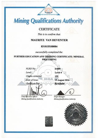 MQA - National Certificate -  FETC Mineral Processing (level 4)