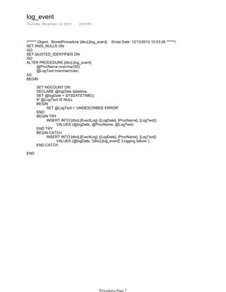 /****** Object: StoredProcedure [dbo].[log_event] Script Date: 12/12/2013 15:03:26 ******/
SET ANSI_NULLS ON
GO
SET QUOTED_IDENTIFIER ON
GO
@ProcName nvarchar(50),
@LogText nvarchar(max)
ALTER PROCEDURE [dbo].[log_event]
AS
BEGIN
SET NOCOUNT ON;
DECLARE @logDate datetime;
SET @logDate = SYSDATETIME();
IF @LogText IS NULL
SET @LogText = 'UNDESCRIBED ERROR'
BEGIN
END
VALUES (@logDate, @ProcName, @LogText)
INSERT INTO [dbo].[EventLog] ([LogDate], [ProcName], [LogText])
BEGIN TRY
END TRY
VALUES (@logDate, '[dbo].[log_event]','Logging failure.')
INSERT INTO [dbo].[EventLog] ([LogDate], [ProcName], [LogText])
BEGIN CATCH
END CATCH
END
log_event
Thursday, December 12, 2013 3:03 PM
Procedures Page 7
 