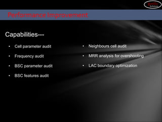 Performance Improvement
• Cell parameter audit
• Frequency audit
• BSC parameter audit
• BSC features audit
• Neighbours cell audit
• MRR analysis for overshooting
• LAC boundary optimization
Capabilities---
gorilla
Solutions
 
