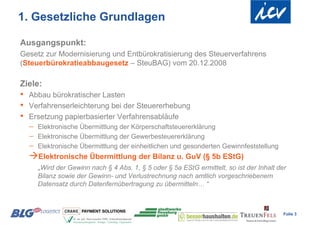 1. Gesetzliche Grundlagen

Ausgangspunkt:
Gesetz zur Modernisierung und Entbürokratisierung des Steuerverfahrens
(Steuerbürokratieabbaugesetz – SteuBAG) vom 20.12.2008

Ziele:
•   Abbau bürokratischer Lasten
•   Verfahrenserleichterung bei der Steuererhebung
•   Ersetzung papierbasierter Verfahrensabläufe
       Elektronische Übermittlung der Körperschaftsteuererklärung
       Elektronische Übermittlung der Gewerbesteuererklärung
       Elektronische Übermittlung der einheitlichen und gesonderten Gewinnfeststellung
    Elektronische Übermittlung der Bilanz u. GuV (§ 5b EStG)
        „Wird der Gewinn nach § 4 Abs. 1, § 5 oder § 5a EStG ermittelt, so ist der Inhalt der
        Bilanz sowie der Gewinn- und Verlustrechnung nach amtlich vorgeschriebenem
        Datensatz durch Datenfernübertragung zu übermitteln… “



                                                                                            Folie 3
 