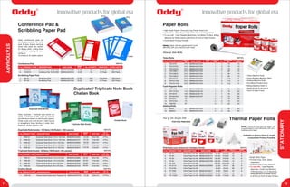 ®
Oddy
Conference Pad &
Scribbling Paper Pad
®
Oddy Innovative products for global era
11 12
Innovative products for global era
1.
Conference Pad
PRODUCT CODES. No. DESCRIPTION INNER BOX OUTER CARTON
Conference Pad 1/8, 60 GSM
EAN CODE
8906044234536CC3320 25 Pads 500 Pads
No. of SHEETS
20
2. Conference Pad 1/8, 60 GSM 8906044234512CC3310 25 Pads 600 Pads10
1.
Scribbling Paper Pad
Scribbling Pad 8906044231234SP-01 100 Pads 000 Pads240
2. Scribbling Pad 8906044231234SP-02 80 Pads 000 Pads240
Duplicate / Triplicate Note Book
Challan Book
CC3310
CC3320
SP-02
SP-01
PRODUCT CODES. No. DESCRIPTION
1. DNB-01 4 Pcs.
No. of
PCS./ BOXEAN CODE
8906044230583Duplicate Note Book 1/16 in 100 Sets
Duplicate Note Books - 100 Sets (100 Ruled + 100 Leaves)
SIZE MM
105x148
2. DNB-00 4 Pcs.8906044234727Duplicate Note Book 1/12 in 100 Sets 113x180
3. DNB-02 4 Pcs.8906044230606Duplicate Note Book 1/8 in 100 Sets 225x141
4. DNB-03 4 Pcs.8906044230620Duplicate Note Book 1/6 in 100 Sets 210x180
5. DNB-04 4 Pcs.8906044230644Duplicate Note Book 1/4 in 100 Sets 210x297
PRODUCT CODES. No. DESCRIPTION
1. TNB-01 4 Pcs.
No. of
PCS./ BOXEAN CODE
8906044230668Triplicate Note Book 1/16 in 50 Sets
Triplicate Note Books - 50 Sets (100 Ruled + 50 Leaves)
SIZE MM
105x148
2. TNB-00 4 Pcs.8906044230682Triplicate Note Book 1/12 in 50 Sets 113x180
3. TNB-02 4 Pcs.8906044230705Triplicate Note Book 1/8 in 50 Sets 225x141
4. TNB-03 4 Pcs.8906044230729Triplicate Note Book 1/6 in 50 Sets 210x180
1.
Telex Rolls
PRODUCT CODES. No. WIDTH
(MM)
210
EAN CODE
8906044231234TX21070 70
CORE ID
(INCH) PLY DIAMETER
(MM)
No. of ROLLS/
CARTON
15
2. 210 8906044231234TX21070/2 70 15
3. 210 8906044231234TX21070/3 70 15
4. 210 8906044231234TX21080/1 80 15
5. 210 8906044231234TX21080/2 80 15
6. 210 8906044231234TX21080/3 80 15
7. 210 8906044231234TX210115 115 6
8. 210 8906044231234TX210115/2 115 6
9. 210 8906044231234TX210115/3 115
1
2
3
1
2
3
1
2
3
1
1
1
1
1
1
1
1
1 6
10. 115 8906044230156CR11570 7011 30
11. 115 8906044230163CR11570/2 7021 30
12. 105 8906044230170CR10570 7011 30
13. 105 8906044230187CR10570/2 7021 30
14. 75CR7570 701½ 45
15. 75CR7570/2 702½ 45
16. 87CR8765 651½ 40
17. 57 8906044231234AM65 651½ 60
18. DO 8906044231234AM65/2 652½ 60
Adding Rolls
Paper Rolls
Cash Register Rolls
STATIONARY
STATIONARY
VAT 5%
MRP(Per Pad)
10.00
8.00
12.00
19.00
VAT 5%
MRP(Per Pc.)
54.00
67.00
93.00
119.00
172.00
MRP(Per Pc.)
40.00
50.00
70.00
90.00
VAT 5%
PRODUCT CODES. No. DESCRIPTION
1. COB-02 10 Pcs.
No. of
PCS./ BOXEAN CODE
8906044230743Delivery Order/Challan Book (Triplicate 1/8)
Challan Book
SIZE MM
225x141
MRP(Per Pc.)
72.00
VAT 5%
MRP(Per Pc.)
VAT 5%
Oddy conferences pads are
micro perforated to offer
neat & easy sheets removal,
these note pads are perfect
for taking notes, writing down
minutes of meeting & more
comes in .
10 sheets & 20 sheets options
Oddy Duplicate / Triplicate note books are
made of premium quality paper & possess
simultaneous sheets of ruled & plain papers.
These books are hard bound & stitch bound
to strengthens there binding & make them
foremost choice of every user.
Duplicate Note Books
Triplicate Note Books
Challan Book Thermal Paper Rolls
1.
POS Rolls HIGH SENSITIVE THERMALPAPER
PRODUCT CODES. No. EAN CODE
8906044230767FX-15 20
ROLLS/
CARTON
SIZE
(MMXMETERS)
CARTON/
MASTER CARTON
8210x15
DESCRIPTION
Thermal Paper Fax Roll
2. 8906044230774FX-25 12 8210x25Thermal Paper Fax Roll
3. 8906044230781FX-30 12 8210x30Thermal Paper Fax Roll
4. 8906044230798FX-50 12 4210x50Thermal Paper Fax Roll
5. FX-100 6 4210x100Thermal Paper Fax Roll
6. 8906044230859FX-5715 96 857x15Thermal Paper Fax Roll
7. FX-5725 60 857x25Thermal Paper Fax Roll
8. 8906044230811FX-7925 40 879x25Thermal Paper Fax Roll
9. 8906044230828FX-7950 50 -79x50Thermal Paper Fax Roll
10. 8906044230842FX-11025 30 8110x25Thermal Paper Fax Roll
VAT 5%
MRP(Per Roll)
64.00
104.00
120.00
200.00
400.00
22.00
28.00
40.00
66.00
64.00
®
Oddy Direct printing thermal paper roll
is guaranteed to work efficiently with your
machine print head.
Customised Printing Possible
FOR POS PRINTERS
Point of Sale Receipts Rolls
• Bright White Paper
• Provide Crisp, Clear, Black
Impression
• Ensures Long Printer Head Life
• Cash RegisterTo use with :
Machines, Credit Card Machine,
ATM Machines, E.C.G Machines,
Billing Machine for Retail Stores
& All Kind of Point of Sale Printers
Available in Various Sizes & Length
Point of Sale Rolls
• Telex Machine Rolls
• Cash Register Machine Rolls
• Adding Machine Rolls
• Dot Matrix Printers Rolls
• Billing Machine Rolls for
Retail Stores & all kind of
Point Of Sale Printer
• High Bright Paper • Ensures Long Printer Head Life
• Available in : Plain Paper Rolls & Pre-Punched Paper Rolls
• To use with : Cash Register Machines, Dot Matrix Printers, Billing
Machine for Retail Stores & All Kind of Point of Sale Printers
• Customised Printing Possible
®
Oddy paper rolls are guaranteed to work
efficiently with your machine print head.
 