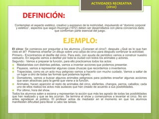 Contemplan el aspecto estético, creativo y expresivo de la motricidad, impulsando el “dominio corporal
y estético”, aspectos que según Huizinga (1972) deben ser desarrollados con plena conciencia dado
que conforman parte esencial del juego.
DEFINICIÓN:
EJEMPLO:
El circo: Se comienza por preguntar a los alumnos ¿Conocen el circo?, después ¿Qué es lo que han
visto en él? Podemos enseñar un dibujo sobre una carpa de circo para después comenzar la actividad.
Primero.‐ Encontramos el desfile del circo. Para esto, con ayuda de periódico vamos a construir nuestro
vestuario. En seguida vamos a desfilar por toda la ciudad con todos los animales y actores.
Segundo.‐ Vamos a preparar la función, para ello practicamos todos los actos:
 Malabaristas con distintas pelotas, vamos a inventar acciones que podemos presentar.
 Payasos, vamos a representar algunas cosas chuscas que recordemos o inventemos.
 Trapecistas, como es un acto muy peligroso vamos a hacerlo con mucho cuidado. Vamos a saltar de
un lugar a otro de todas las formas que podamos lograrlo.
 Domadores, vamos a buscar algunos animales peligrosos para poderles enseñar algunas acciones
que sean atractivas para la gente que viene a la función.
 Animales, hacen aparición el resto de animales del circo, elefantes, changos, perros, caballos; cada
uno de ellos realiza los actos más audaces que han creado de acuerdo a sus posibilidades.
 Por último, hora del show.
Todos los alumnos salen a escena y representan la acción que más les agrado de todas las posibilidades
que han realizado y que se les ocurran. Se termina el show y comenzamos a levantar el circo. No sin
antes agradecer al público. El profesor actúa de mediador en el momento en que los alumnos
manifiesten dificultad para llevar a cabo las tareas.
ACTIVIDADES RECREATIVA
(circo)
 