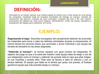 CAMPAMENTO
Actividad en el medio natural, que implica pasar la noche una o más veces en una tienda
de campaña, mediante ésta se muestra bondades de trabajo en equipo, sentido de
autonomía del alumno, manejo de auto concepto, cuidado del otro y de uno mismo,
promoción de hábitos de vida como higiene, alimentación, orden de cosas, disciplina y
aceptación de reglas para colaborar con otros.
DEFINICIÓN:
EJEMPLO:
Organizando el lugar: Docentes encargados del campamento deberán de acomodar
los materiales para llevar a cabo las distintas actividades durante el campamento. Al
mismo tiempo los alumnos tienen que acomodar y armar individual o por equipo las
tiendas de campaña en las áreas asignadas.
“Vistiendo al maniquí”: se forman equipos con igual número de integrantes. El
objetivo del juego es que a la señal del maestro cada equipo debe de elegir a uno de
sus integrantes como el maniquí y deberán de ponerle toda la ropa que ellos traigan,
en sus mochilas o puesta ellos. Todo esto se llevara a cabo en silencio y con un
tiempo definido. El equipo que hable se le tendrá que quitar una prenda, al finalizar
ganará el equipo que más prendas tenga su maniquí.
 