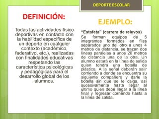DEPORTE ESCOLAR
Todas las actividades físico
deportivas en contacto con
la habilidad específica de
un deporte en cualquier
contexto (académico,
federativo, etc.), realizadas
con finalidades educativas
respetando las
característica psicológicas
y pedagógicas para el
desarrollo global de los
alumnos.
DEFINICIÓN:
EJEMPLO:
“Estafeta” (carrera de relevos)
Se forman equipos de 5
integrantes formados en filas
separados uno del otro a unos 4
metros de distancia, se trazan dos
líneas paralelas a unos 20 metros
de distancia una de la otra. Un
alumno estará en la línea de salida
quien tendrá una botella de
plástico. A la señal deberán salir
corriendo a donde se encuentra su
siguiente compañero y darle la
botella sin que se le caiga, así
sucesivamente hasta llegar al
último quien debe llegar a la línea
final y regresar corriendo hasta a
la línea de salida.
 