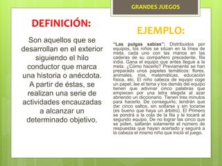 GRANDES JUEGOS
Son aquellos que se
desarrollan en el exterior
siguiendo el hilo
conductor que marca
una historia o anécdota.
A partir de éstas, se
realizan una serie de
actividades encauzadas
a alcanzar un
determinado objetivo.
DEFINICIÓN:
EJEMPLO:
“Las pulgas sabias”: Distribuidos por
equipos, los niños se sitúan en la línea de
meta, cada uno con las manos en las
caderas de su compañero precedente, fila
india. Gana el equipo que antes llegue a la
meta. ¿Cómo hacerlo? Previamente se han
preparado unos papeles temáticos: flores,
animales, ríos, matemáticas, educación
física, etc. El niño cabeza de equipo coge
un papel, lee el tema y los demás del equipo
tienen que adivinar cinco palabras que
empiecen por una letra elegida al azar
abriendo un diccionario. Tienen tres minutos
para hacerlo. De conseguirlo, tendrán que
dar cinco saltos, sin soltarse y sin tocarse
(es bueno que haya un árbitro). El Primero
se pondrá a la cola de la fila y le tocará al
segundo equipo. De no lograr las cinco que
se piden, saltarán solamente el número de
respuestas que hayan acertado y seguirá a
la cabeza el mismo niño que inició el juego.
 