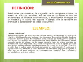 INICIACIÓN DEPORTIVA
Actividades que favorecen la progresión de la competencia motriz a
través de prácticas variables, en las que se considere el uso de
implementos de diversas características, la modificación de reglas de
un deporte y el ajuste del espacio y tiempo, con la intención de
promover la participación de todos los alumnos.
DEFINICIÓN:
EJEMPLO:
“Ataque de balones”
Se divide al grupo en dos equipos mixtos de igual número de integrantes. En un área de
10 x 30 m dividida por la mitad se trazan dos círculos de 3 metros de diámetro donde se
colocan los alumnos que se desempeñarán como porteros. Se distribuyen tres pelotas a
cada equipo, uno de ellos, mediante pases hace llegar la pelota a su compañero que se
encuentra dentro del círculo, los del equipo contrario tratan de evitarlo mientras los
demás hacen llegar las pelotas a su portero correspondiente. Gana el equipo que logre
tener lo más rápido posible las tres pelotas dentro del círculo. No se permite: Correr con
el balón. Que el portero salga del círculo para coger un balón (sanción: 1 punto para el
equipo adversario). Arrebatar la pelota de manos del adversario, empujarle o sujetarle el
brazo (sanción: se anula un punto). Se obtiene el triunfo cuando un equipo ha reunido
sus tres balones junto a su portero.
 
