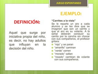 JUEGO ESPONTANEO
Aquel que surge por
iniciativa propia del niño,
es decir, no hay adultos
que influyan en la
decisión del niño.
DEFINICIÓN:
EJEMPLO:
“Carritos a la vista”
Se le reparte un aro a cada
alumno y se les dice que se
imaginen que son un carrito y
que el aro es su volante. A la
señal deberán conducir su
carrito por la cancha sin chocar
con sus compañeros, el profesor
gritara:
 “rojo” y se paran
 “amarillo” caminan
 “verde” corren
 “morado” saltan
 “rosado” cambian de volante
con sus compañeros.
 