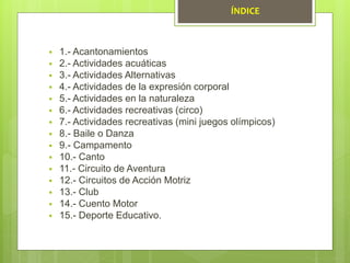  1.- Acantonamientos
 2.- Actividades acuáticas
 3.- Actividades Alternativas
 4.- Actividades de la expresión corporal
 5.- Actividades en la naturaleza
 6.- Actividades recreativas (circo)
 7.- Actividades recreativas (mini juegos olímpicos)
 8.- Baile o Danza
 9.- Campamento
 10.- Canto
 11.- Circuito de Aventura
 12.- Circuitos de Acción Motriz
 13.- Club
 14.- Cuento Motor
 15.- Deporte Educativo.
ÍNDICE
 