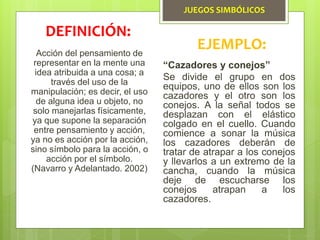 JUEGOS SIMBÓLICOS
Acción del pensamiento de
representar en la mente una
idea atribuida a una cosa; a
través del uso de la
manipulación; es decir, el uso
de alguna idea u objeto, no
solo manejarlas físicamente,
ya que supone la separación
entre pensamiento y acción,
ya no es acción por la acción,
sino símbolo para la acción, o
acción por el símbolo.
(Navarro y Adelantado. 2002)
DEFINICIÓN:
EJEMPLO:
“Cazadores y conejos”
Se divide el grupo en dos
equipos, uno de ellos son los
cazadores y el otro son los
conejos. A la señal todos se
desplazan con el elástico
colgado en el cuello. Cuando
comience a sonar la música
los cazadores deberán de
tratar de atrapar a los conejos
y llevarlos a un extremo de la
cancha, cuando la música
deje de escucharse los
conejos atrapan a los
cazadores.
 