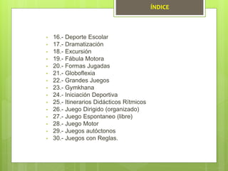 • 16.- Deporte Escolar
• 17.- Dramatización
• 18.- Excursión
• 19.- Fábula Motora
• 20.- Formas Jugadas
• 21.- Globoflexia
• 22.- Grandes Juegos
• 23.- Gymkhana
• 24.- Iniciación Deportiva
• 25.- Itinerarios Didácticos Rítmicos
• 26.- Juego Dirigido (organizado)
• 27.- Juego Espontaneo (libre)
• 28.- Juego Motor
• 29.- Juegos autóctonos
• 30.- Juegos con Reglas.
ÍNDICE
 