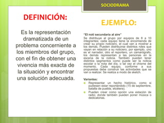 SOCIODRAMA
Es la representación
dramatizada de un
problema concerniente a
los miembros del grupo,
con el fin de obtener una
vivencia más exacta de
la situación y encontrar
una solución adecuada.
DEFINICIÓN:
EJEMPLO:
“El noti secundaria al aire”
Se distribuye al grupo por equipos de 8 a 10
integrantes; cada equipo tiene la encomienda de
crear su propio noticiero, el cual van a mostrar a
los demás. Pueden distribuirse distintos roles que
vayan en relación a su noticiero, por ejemplo, uno
es el narrador, otro el reportero, un camarógrafo,
los demás representan a las personas en la
escena de la noticia. También pueden tener
distintos segmentos como puede ser la noticia
escolar o la nota del día, o tal vez el chisme del
momento. Cada equipo, conforme a sus
propuestas debe construir las actividades que se
van a realizar. Se realiza a modo de sketch.
Variantes:
 Representar un hecho histórico, como si
pudiesen estar reportándolo (15 de septiembre,
batalla de puebla, etcétera).
 Pueden crear como opción una estación de
radio; donde también pueden poner música o
dedicatorias.
 