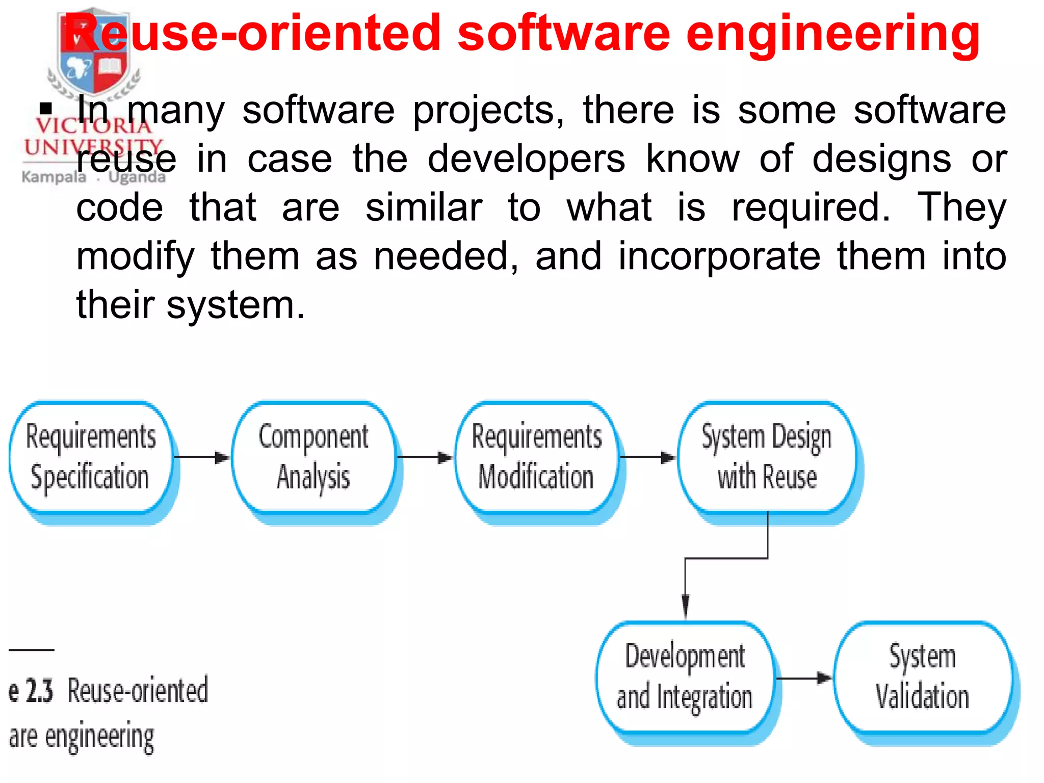 Reuse-oriented software engineering
 In many software projects, there is some software
reuse in case the developers know of designs or
code that are similar to what is required. They
modify them as needed, and incorporate them into
their system.
 