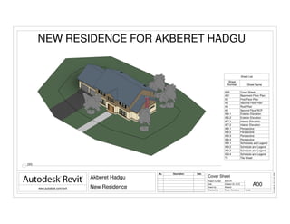 Scale
Project number
Date
Drawn by
Checked by
www.autodesk.com/revit
11/4/201612:15:41PM
A00
Cover Sheet
2016-A1
Akberet Hadgu
New Residence
October 24, 2016
Akberet
Susan Newberry
No. Description Date
Sheet List
Sheet
Number Sheet Name
A00 Cover Sheet
A01 Basement Floor Plan
A2 First Floor Plan
A3 Second Floor Plan
A4 Roof Plan
A5 Second Floor RCP
A 6.1 Exterior Elevation
A 6.2 Exterior Elevation
A 7.1 Interior Elevation
A 7.2 Interior Elevation
A 8.1 Perspective
A 8.2 Perspective
A 8.3 Perspective
A 8.4 Perspective
A 9.1 Schedules and Legend
A 9.2 Schedule and Legend
A 9.3 Schedule and Legend
A 9.4 Schedule and Legend
T1 Tile Sheet
NEW RESIDENCE FOR AKBERET HADGU
1
{3D}
 