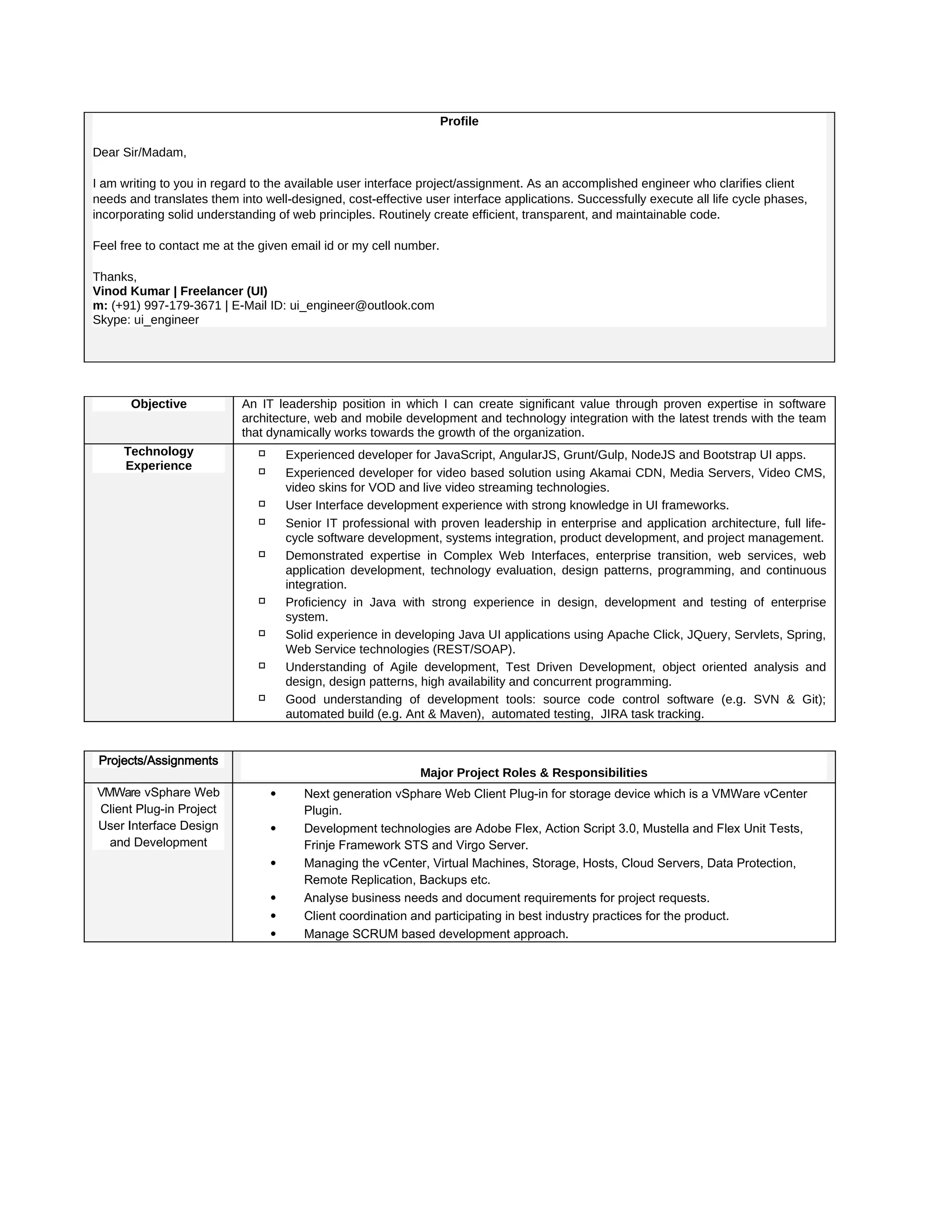 Profile
Dear Sir/Madam,
I am writing to you in regard to the available user interface project/assignment. As an accomplished engineer who clarifies client
needs and translates them into well-designed, cost-effective user interface applications. Successfully execute all life cycle phases,
incorporating solid understanding of web principles. Routinely create efficient, transparent, and maintainable code.
Feel free to contact me at the given email id or my cell number.
Thanks,
Vinod Kumar | Freelancer (UI)
m: (+91) 997-179-3671 | E-Mail ID: ui_engineer@outlook.com
Skype: ui_engineer
Objective An IT leadership position in which I can create significant value through proven expertise in software
architecture, web and mobile development and technology integration with the latest trends with the team
that dynamically works towards the growth of the organization.
Technology
Experience
✓ Experienced developer for JavaScript, AngularJS, Grunt/Gulp, NodeJS and Bootstrap UI apps.
✓ Experienced developer for video based solution using Akamai CDN, Media Servers, Video CMS,
video skins for VOD and live video streaming technologies.
✓ User Interface development experience with strong knowledge in UI frameworks.
✓ Senior IT professional with proven leadership in enterprise and application architecture, full life-
cycle software development, systems integration, product development, and project management.
✓ Demonstrated expertise in Complex Web Interfaces, enterprise transition, web services, web
application development, technology evaluation, design patterns, programming, and continuous
integration.
✓ Proficiency in Java with strong experience in design, development and testing of enterprise
system.
✓ Solid experience in developing Java UI applications using Apache Click, JQuery, Servlets, Spring,
Web Service technologies (REST/SOAP).
✓ Understanding of Agile development, Test Driven Development, object oriented analysis and
design, design patterns, high availability and concurrent programming.
✓ Good understanding of development tools: source code control software (e.g. SVN & Git);
automated build (e.g. Ant & Maven), automated testing, JIRA task tracking.
Projects/Assignments
Major Project Roles & Responsibilities
VMWare vSphare Web
Client Plug-in Project
User Interface Design
and Development
• Next generation vSphare Web Client Plug-in for storage device which is a VMWare vCenter
Plugin.
• Development technologies are Adobe Flex, Action Script 3.0, Mustella and Flex Unit Tests,
Frinje Framework STS and Virgo Server.
• Managing the vCenter, Virtual Machines, Storage, Hosts, Cloud Servers, Data Protection,
Remote Replication, Backups etc.
• Analyse business needs and document requirements for project requests.
• Client coordination and participating in best industry practices for the product.
• Manage SCRUM based development approach.
 