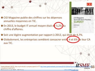 Mohamed Louadi, PhD – ISG-Tunis mlouadi@louadi.com
33
CIO Magazine publie des chiffres sur les dépenses
annuelles moyennes en TIC.
En 2013, le budget IT annuel moyen était de 5,2% du
chiffre d’affaires.
Soit une légère augmentation par rapport à 2012, qui était de 4,7%.
Globalement, les entreprises semblent consacrer entre 4 et 6% de leur CA
aux TIC.
GeekonWheels (2015). How much should a company spend on IT? http://www.geekonwheels.com/news/2015/1/25/how-much-should-a-company-spend-on-it,
consulté le 6 août 2015.
 