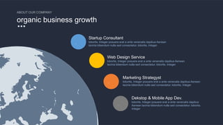w w w . D o m a i n . c o m Page 39
www.MainSlide.com
© All Rights Reserved.
Confidential
Startup Consultant
lobortis. Integer posuere erat a ante venenatis dapibus Aenean
lacinia bibendum nulla sed consectetur. lobortis. Integer
Web Design Service
lobortis. Integer posuere erat a ante venenatis dapibus Aenean
lacinia bibendum nulla sed consectetur. lobortis. Integer
Marketing Strategyst
lobortis. Integer posuere erat a ante venenatis dapibus Aenean
lacinia bibendum nulla sed consectetur. lobortis. Integer
Dekstop & Mobile App Dev.
lobortis. Integer posuere erat a ante venenatis dapibus
Aenean lacinia bibendum nulla sed consectetur. lobortis.
Integer
organic business growth
ABOUT OUR COMPANY
 