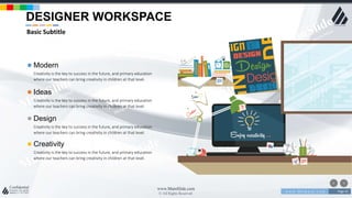 w w w . D o m a i n . c o m Page 45
www.MainSlide.com
© All Rights Reserved.
Confidential
Design
Creativity is the key to success in the future, and primary education
where our teachers can bring creativity in children at that level.
Creativity
Creativity is the key to success in the future, and primary education
where our teachers can bring creativity in children at that level.
Ideas
Creativity is the key to success in the future, and primary education
where our teachers can bring creativity in children at that level.
Modern
Creativity is the key to success in the future, and primary education
where our teachers can bring creativity in children at that level.
DESIGNER WORKSPACE
Basic Subtitle
 