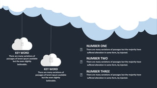 w w w . D o m a i n . c o m Page 48
www.MainSlide.com
© All Rights Reserved.
Confidential
KEY WORD
There are many variations of
passages of lorem ipsum available
but the even slightly
believable.
KEY WORD
There are many variations of
passages of lorem ipsum available
but the even slightly
believable.
NUMBER ONE
There are many variations of passages but the majority have
suffered alteration in some form, by injected.
NUMBER TWO
There are many variations of passages but the majority have
suffered alteration in some form, by injected.
NUMBER THREE
There are many variations of passages but the majority have
suffered alteration in some form, by injected.
 