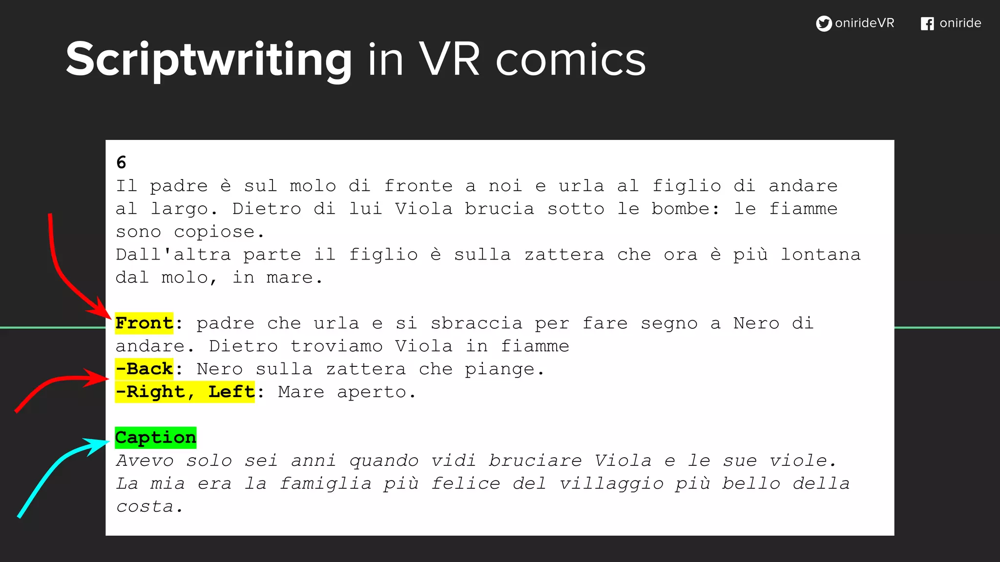 6
Il padre è sul molo di fronte a noi e urla al figlio di andare
al largo. Dietro di lui Viola brucia sotto le bombe: le fiamme
sono copiose.
Dall'altra parte il figlio è sulla zattera che ora è più lontana
dal molo, in mare.
Front: padre che urla e si sbraccia per fare segno a Nero di
andare. Dietro troviamo Viola in fiamme
-Back: Nero sulla zattera che piange.
-Right, Left: Mare aperto.
Caption
Avevo solo sei anni quando vidi bruciare Viola e le sue viole.
La mia era la famiglia più felice del villaggio più bello della
costa.