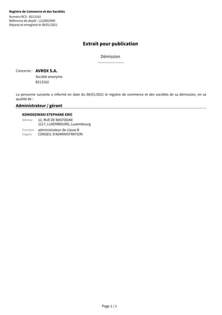 Démission administrateur Avrox