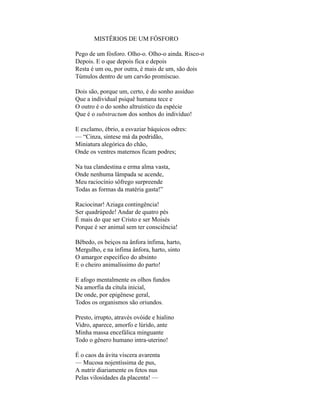 MISTÊRIOS DE UM FÓSFORO

Pego de um fósforo. Olho-o. Olho-o ainda. Risco-o
Depois. E o que depois fica e depois
Resta é um ou, por outra, é mais de um, são dois
Túmulos dentro de um carvão promíscuo.

Dois são, porque um, certo, é do sonho assíduo
Que a individual psiquê humana tece e
O outro é o do sonho altruístico da espécie
Que é o substractum dos sonhos do indivíduo!

E exclamo, ébrio, a esvaziar báquicos odres:
— “Cinza, síntese má da podridão,
Miniatura alegórica do chão,
Onde os ventres maternos ficam podres;

Na tua clandestina e erma alma vasta,
Onde nenhuma lâmpada se acende,
Meu raciocínio sôfrego surpreende
Todas as formas da matéria gasta!”

Raciocinar! Aziaga contingência!
Ser quadrúpede! Andar de quatro pés
É mais do que ser Cristo e ser Moisés
Porque é ser animal sem ter consciência!

Bêbedo, os beiços na ânfora ínfima, harto,
Mergulho, e na ínfima ânfora, harto, sinto
O amargor específico do absinto
E o cheiro animalíssimo do parto!

E afogo mentalmente os olhos fundos
Na amorfia da cítula inicial,
De onde, por epigênese geral,
Todos os organismos são oriundos.

Presto, irrupto, através ovóide e hialino
Vidro, aparece, amorfo e lúrido, ante
Minha massa encefálica minguante
Todo o gênero humano intra-uterino!

É o caos da ávita víscera avarenta
— Mucosa nojentíssima de pus,
A nutrir diariamente os fetos nus
Pelas vilosidades da placenta! —
 