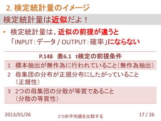 2. 検定統計量のイメージ
検定統計量は近似だよ！
• 検定統計量は、近似の前提が違うと
  「INPUT：データ / OUTPUT：確率」にならない
        P.148 表6.1 t検定の前提条件
 1 標本抽出が無作為に行われていること（無作為抽出）
 2 母集団の分布が正規分布にしたがっていること
   （正規性）
 3 2つの母集団の分散が等質であること
   （分散の等質性）

2013/01/26   2つの平均値を比較する     17 / 26
 