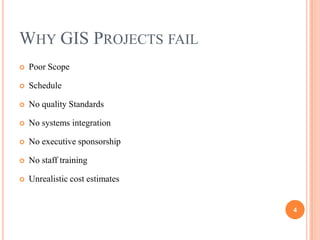 WHY GIS PROJECTS FAIL


Poor Scope



Schedule



No quality Standards



No systems integration



No executive sponsorship



No staff training



Unrealistic cost estimates

4

 