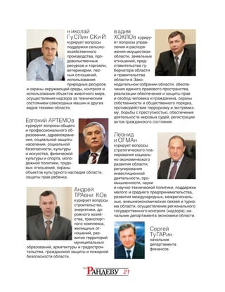 21
Сергей
ТУГАРИН
начальник
департамента
финансов.
Н иколай
ГУСЛИН СКИ Й
курирует вопросы
поддержки сельско­
хозяйственного
про­из­водства, про­
до­воль­ственных
ресурсов и торговли,
ветеринарии, лес­
ных отношений,
ис­поль­зования
природных ресурсов
и охраны ок­ру­жающей среды, кон­троля и
исполь­зования объектов животного мира,
осуществления надзора за техническим
состоянием самоходных машин и других
видов техники области.
Леонид
И ОГМАН
курирует вопросы
стратегического пла-
нирования социаль-
но-экономического
развития области,
регулирования
инвестиционной
деятельности, про-
мышленности, науки
и научно-технической политики, поддержки
малого и среднего предпринимательства,
развития международных, межрегиональ-
ных, внешнеэкономических связей и туриз-
ма области, осуществление регионального
государственного контроля (надзора); на-
чальник департамента экономики области.
Евгений АРТЕМОВ
курирует вопросы общего
и профессионального об-
разования, здравоохране-
ния, социальной защиты
населения, социальной
безопасности, культуры
и искусства, физической
культуры и спорта, моло-
дежной политики, трудо-
вых отношений, охраны
объектов культурного наследия области,
защиты прав ребенка.
Вадим
ХОХЛОВ куриру-
ет вопросы управ-
ления и распоря-
жения имуществом
области, земельных
отношений, пред-
ставительства гу-
бернатора области
и правительства
области в Зако-
нодательном собрании области, обеспе-
чения единого правового пространства,
реализации обеспечения и защиты прав
и свобод человека и гражданина, охраны
собственности и общественного порядка,
противодействия терроризму и экстремиз-
му, борьбы с преступностью, обеспечения
деятельности мировых судей, регистрации
актов гражданского состояния.
Андрей
ТРАВНИ КОВ
курирует вопросы
строительства,
энергетики, до-
рожного хозяй-
ства, транспорт-
ного комплекса,
жилищных от-
ношений, раз-
вития территорий
муниципальных
образований, архитектуры и градострои-
тельства, гражданской защиты и пожарной
безопасности области.
 