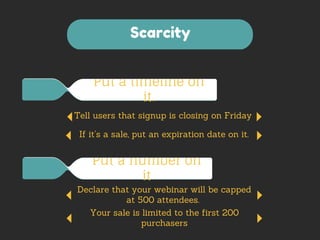 Scarcity 
Put a timeline on 
it. 
Tell users that signup is closing on Friday 
If it’s a sale, put an expiration date on it. 
Put a number on 
it 
Declare that your webinar will be capped 
at 500 attendees. 
Your sale is limited to the first 200 
purchasers 
 